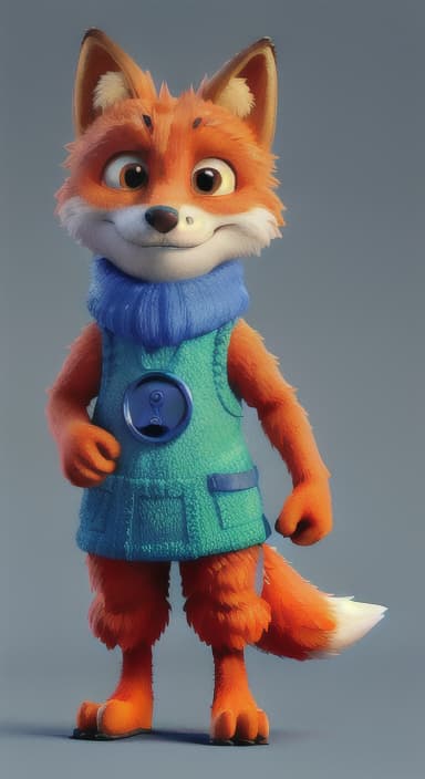  {Error the fox pressing the blue button with his paw, looking puzzled as nothing occurs., Error is a small, bright orange fox with a fluffy tail and big, inquisitive eyes. He has a mischievous yet kind expression and wears a tiny green scarf.