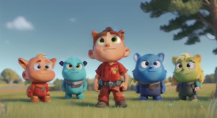  {Jake and his friends enjoying a calm and serene meadow under a clear blue sky., Jake's red body gleamed in the sunlight, a hero in the eyes of his friends.