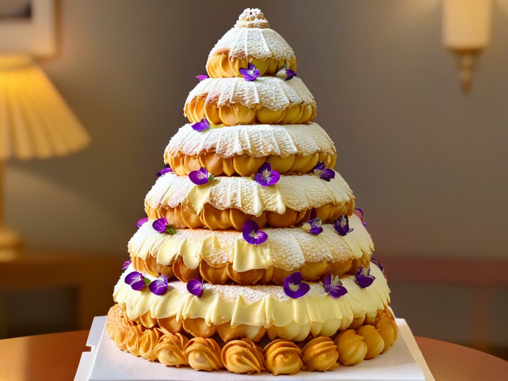  An ultradetailed, highresolution image of a perfectly crafted, intricate French croquembouche centerpiece, showcasing delicate choux pastry balls stacked in a tall cone shape, elegantly decorated with spun sugar, edible flowers, and gold leaf accents. The background is a soft focus, highlighting the exquisite details of the dessert masterpiece, evoking a sense of artistry and sophistication in French pastry craftsmanship. hyperrealistic, full body, detailed clothing, highly detailed, cinematic lighting, stunningly beautiful, intricate, sharp focus, f/1. 8, 85mm, (centered image composition), (professionally color graded), ((bright soft diffused light)), volumetric fog, trending on instagram, trending on tumblr, HDR 4K, 8K