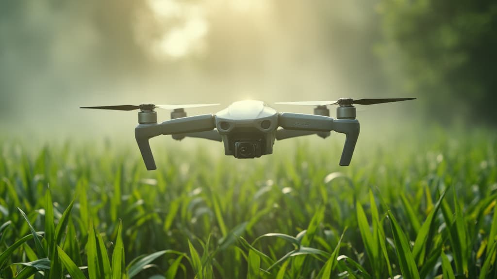  good quality, high quality, sleek agricultural drone hovering over vibrant green crop field hightech sensors glowing misty morning light futuristic farming landscape