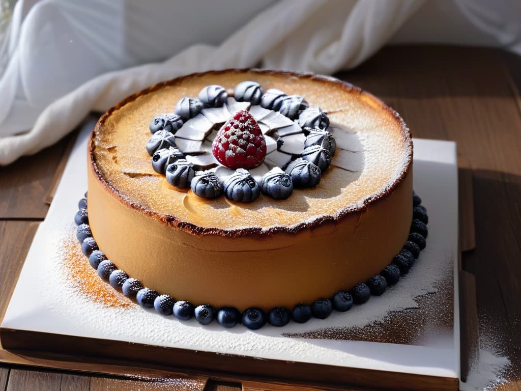  A minimalist image of a perfectly goldenbrown vegan yogurt cake, topped with a delicate dusting of powdered sugar, sitting on a rustic wooden table. The cake has a moist crumb texture, with subtle hints of vanilla and almond, and is surrounded by fresh berries like raspberries and blueberries. The soft natural light casts a gentle shadow, enhancing the simple elegance of the dessert. hyperrealistic, full body, detailed clothing, highly detailed, cinematic lighting, stunningly beautiful, intricate, sharp focus, f/1. 8, 85mm, (centered image composition), (professionally color graded), ((bright soft diffused light)), volumetric fog, trending on instagram, trending on tumblr, HDR 4K, 8K