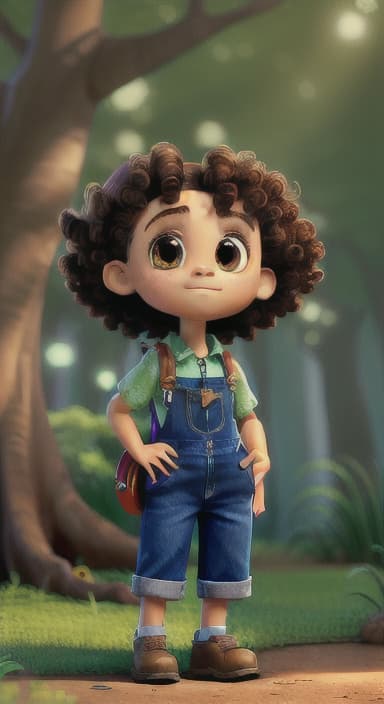  {The tree with a twinkling eye, while its leaves gently rustle., Riley, a curious with big brown eyes and curly hair, wearing overalls and carrying a small backpack. Their friend, Skye, a bluebird with shiny feathers.