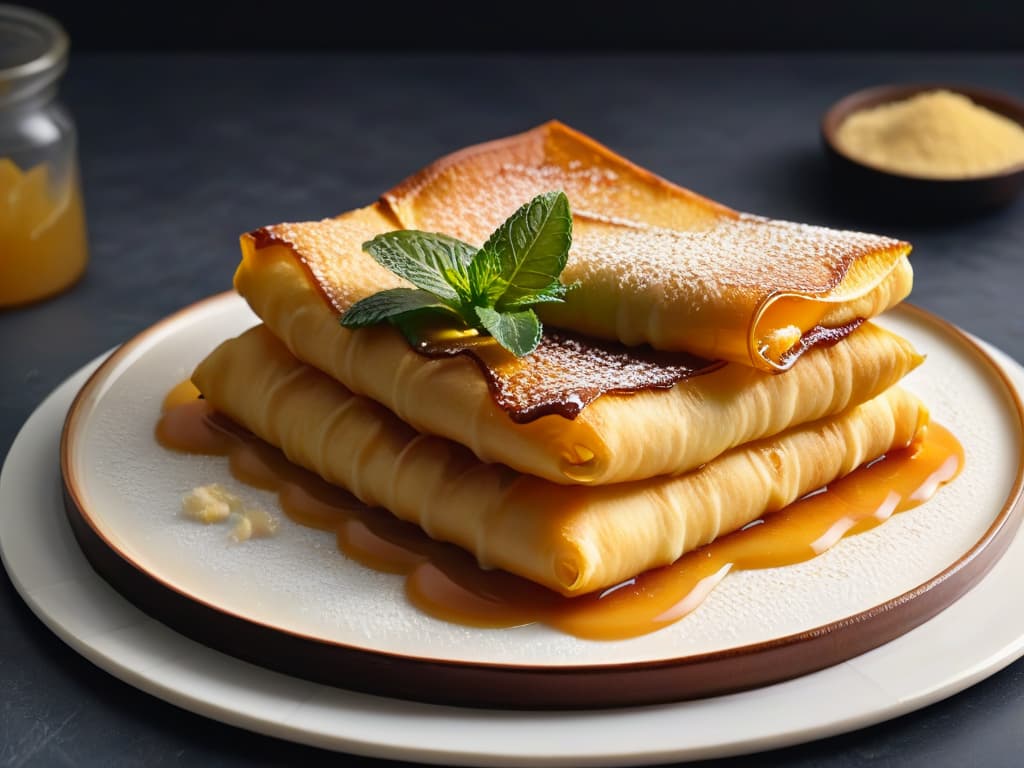  A minimalist closeup image of freshly made sopaipillas pasadas drizzled with golden honey, sprinkled with cinnamon, and garnished with a sprig of fresh mint on a sleek, modern ceramic plate. The sopaipillas glisten in the soft ambient light, showcasing their intricate texture and inviting warmth, embodying the rich culinary tradition of Chile in a simple yet elegant presentation. hyperrealistic, full body, detailed clothing, highly detailed, cinematic lighting, stunningly beautiful, intricate, sharp focus, f/1. 8, 85mm, (centered image composition), (professionally color graded), ((bright soft diffused light)), volumetric fog, trending on instagram, trending on tumblr, HDR 4K, 8K