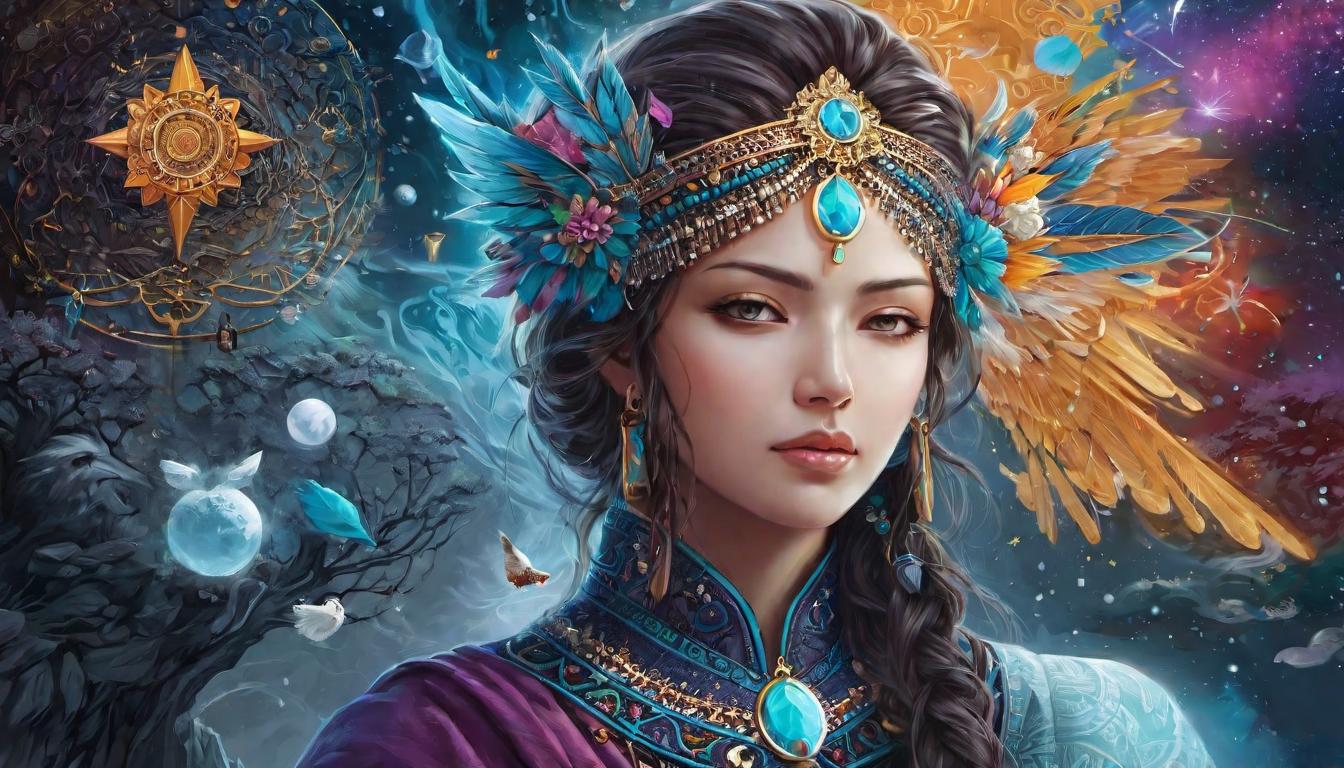  digital illustration, person in contemplation, surrounded by symbols of higher self, guiding energies, serene, focused, looking at viewer, dynamic pose, (intricate details, masterpiece, best quality)