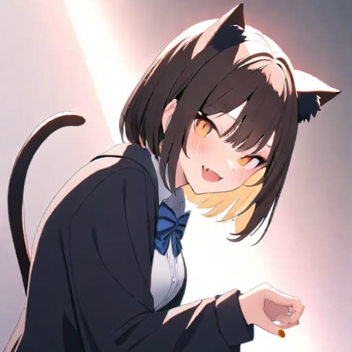  masterpiece, best quality, 1, solo, animal ears, bow, teeth, jacket, tail, open mouth, brown hair, orange background, bowtie, orange nails, simple background, cat ears, orange eyes, blue bow, animal ear fluff, cat tail, looking at viewer, upper body, shirt, uniform, hood, striped bow, striped, white shirt, black jacket, blue bowtie, fingernails, long sleeves, cat , bangs, fangs, collared shirt, striped bowtie, short hair, tongue, hoodie, sharp teeth, facial mark, claw pose hyperrealistic, full body, detailed clothing, highly detailed, cinematic lighting, stunningly beautiful, intricate, sharp focus, f/1. 8, 85mm, (centered image composition), (professionally color graded), ((bright soft diffused light)), volumetric fog, trending on instagram, trending on tumblr, HDR 4K, 8K