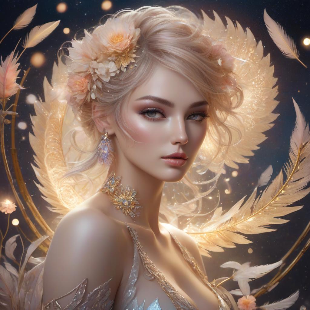  concept art "Shimmering swirling glitter, filigree, strybk style, muted, colors, luminescent, watercolor style, extremely cute iridescent beautiful woman, highly realistic expressive eyes, adorned with flowers and feathers, luminicsm, soft background with swirls and an extremely big luminescent moon, digital painting, highly detailed, intricated, intricated pose, clarity, high quality, magic realism, dandelion seeds, Lively and playful, Harmonious golden ratio composition, Burst of neutral colors and lights, Dynamic energy, whirlwind of creative energy, swirling colors, energy, textures, breathtaking beauty, pure perfection, unforgettable, impressive, breathtaking beauty, Volumetric light, auras, rays, neon ambiance, abstract black oil, gea hyperrealistic, full body, detailed clothing, highly detailed, cinematic lighting, stunningly beautiful, intricate, sharp focus, f/1. 8, 85mm, (centered image composition), (professionally color graded), ((bright soft diffused light)), volumetric fog, trending on instagram, trending on tumblr, HDR 4K, 8K