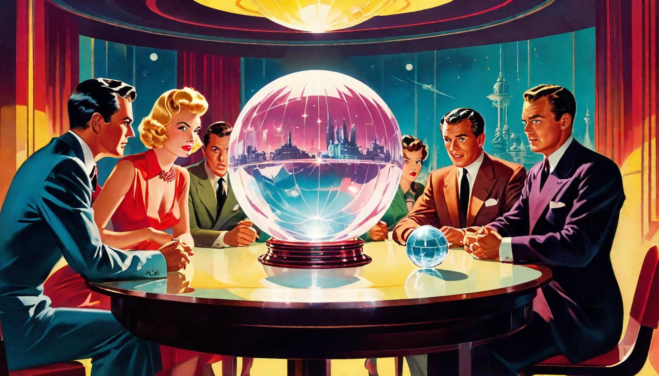  retro futuristic A group of puzzled faces around a glowing crystal ball on a table, half in shadow, half illuminated by the ball’s soft light. The setting: mystery contrasted with mundane, the boldness of belief versus the comfort of skepticism. Atmosphere: curiosity mixed with skepticism, the hidden versus the seen. lvintage sci fi, 50s and 60s style, atomic age, vibrant, highly detailed