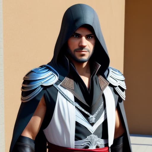  male, early 30s, silver eyes, silver hair, black assassin's Creed garb
