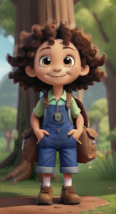  {The tree with a smiling face formed by its bark, looking down at Riley., Riley, a curious with big brown eyes and curly hair, wearing overalls and carrying a small backpack. Their friend, Skye, a bluebird with shiny feathers.