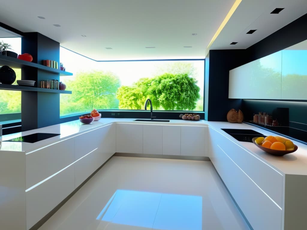  An ultradetailed 8k image of a sleek, modern kitchen with spotless countertops, hightech appliances, and shelves neatly stocked with an array of colorful ingredients like vibrant fruits, rich chocolates, and aromatic spices. The focal point is a futuristic virtual reality headset resting on the counter, emitting a soft, inviting glow. Sunlight streams in through a large window, casting a warm, natural light on the scene and creating a sense of calm and possibility. hyperrealistic, full body, detailed clothing, highly detailed, cinematic lighting, stunningly beautiful, intricate, sharp focus, f/1. 8, 85mm, (centered image composition), (professionally color graded), ((bright soft diffused light)), volumetric fog, trending on instagram, trending on tumblr, HDR 4K, 8K