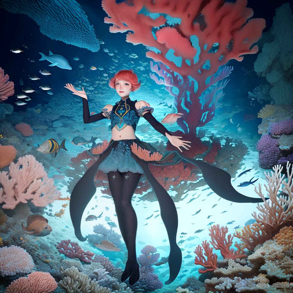  masterpiece, best quality, beautiful deep sea full of corals, diverse marine life and fascinating underwater landscapes with corals, appendages, small fish, anemones, dolphins, various algae, caves, colorful, 8k resolution and intricate detail