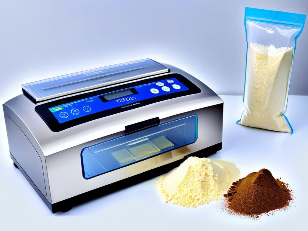  A closeup, ultradetailed image of a sleek, modern vacuum sealer machine, showcasing its smooth stainless steel surface, with intricate buttons and a digital display panel, illuminated with a soft blue light. The machine is surrounded by a few vacuumsealed bags filled with colorful ingredients like flour, sugar, and cocoa powder, creating a visually appealing and professional look. hyperrealistic, full body, detailed clothing, highly detailed, cinematic lighting, stunningly beautiful, intricate, sharp focus, f/1. 8, 85mm, (centered image composition), (professionally color graded), ((bright soft diffused light)), volumetric fog, trending on instagram, trending on tumblr, HDR 4K, 8K