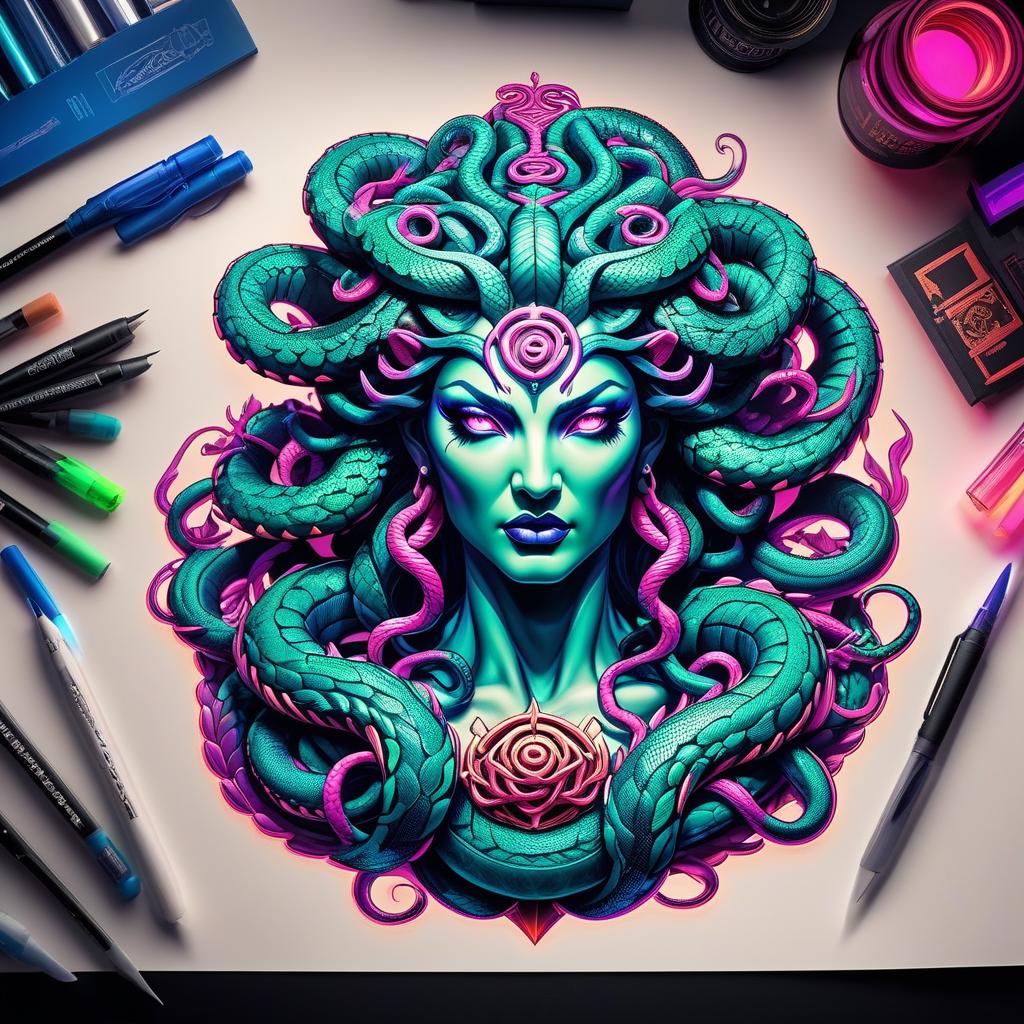  isometric style Medusa Gargon sketch neon tattoo . vibrant, beautiful, crisp, detailed, ultra detailed, intricate hyperrealistic, full body, detailed clothing, highly detailed, cinematic lighting, stunningly beautiful, intricate, sharp focus, f/1. 8, 85mm, (centered image composition), (professionally color graded), ((bright soft diffused light)), volumetric fog, trending on instagram, trending on tumblr, HDR 4K, 8K