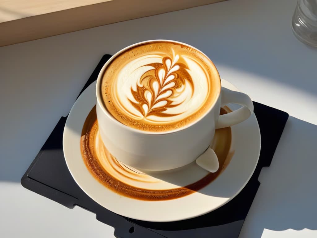  A closeup, ultradetailed image of a delicate latte art design on a perfectly frothed cappuccino, showcasing intricate swirls and patterns created with expert precision. The foam is velvety smooth, with a rich golden hue contrasting elegantly against the white ceramic cup, set on a sleek, minimalist tabletop. The play of light and shadow highlights the artistry and craftsmanship that goes into the creation of this exquisite coffee beverage, evoking a sense of sophistication and sensory delight. hyperrealistic, full body, detailed clothing, highly detailed, cinematic lighting, stunningly beautiful, intricate, sharp focus, f/1. 8, 85mm, (centered image composition), (professionally color graded), ((bright soft diffused light)), volumetric fog, trending on instagram, trending on tumblr, HDR 4K, 8K