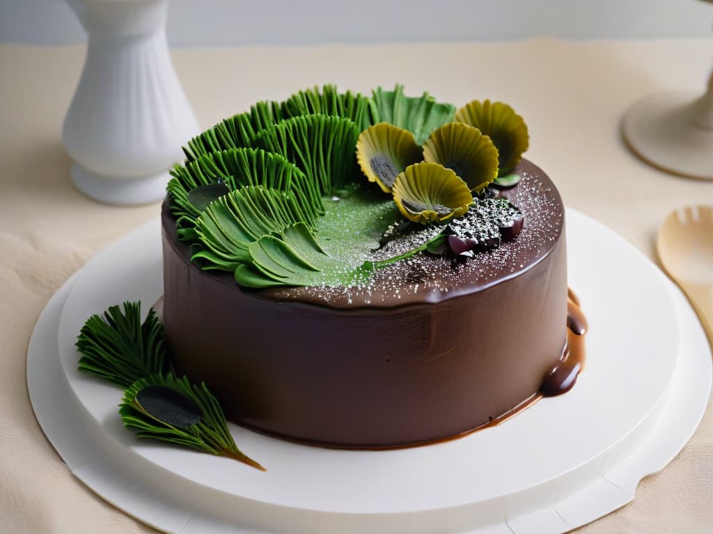  An ultradetailed 8k image of a decadent chocolate cake topped with delicate green seaweed strands, placed on a sleek, modern white plate. The rich, glossy texture of the cake contrasts beautifully with the vibrant, fresh algae, creating a visually stunning and unexpected dessert composition that perfectly embodies the fusion of traditional sweetness with innovative, oceaninspired ingredients. hyperrealistic, full body, detailed clothing, highly detailed, cinematic lighting, stunningly beautiful, intricate, sharp focus, f/1. 8, 85mm, (centered image composition), (professionally color graded), ((bright soft diffused light)), volumetric fog, trending on instagram, trending on tumblr, HDR 4K, 8K