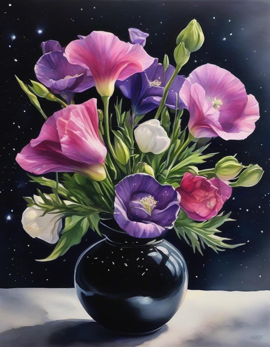  space themed Eustoma flowers in a black vase... aquarel painting . cosmic, celestial, stars, galaxies, nebulas, planets, science fiction, highly detailed hyperrealistic, full body, detailed clothing, highly detailed, cinematic lighting, stunningly beautiful, intricate, sharp focus, f/1. 8, 85mm, (centered image composition), (professionally color graded), ((bright soft diffused light)), volumetric fog, trending on instagram, trending on tumblr, HDR 4K, 8K