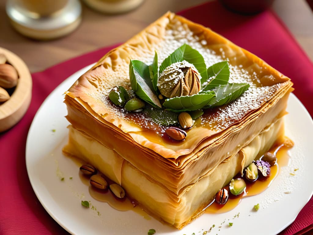  An image of a beautifully intricate Turkish mosaic dessert known as "Baklava", with layers of golden phyllo pastry, chopped nuts, and sweet syrup, displayed on a simple, elegant white plate. The dessert is garnished with a sprinkle of crushed pistachios and a single rubyred pomegranate seed, highlighting the rich flavors and cultural significance of Turkish pastry artistry. The background is softly blurred to keep the focus on the exquisite details of the dessert, evoking a sense of indulgence and sophistication in a minimalistic style. hyperrealistic, full body, detailed clothing, highly detailed, cinematic lighting, stunningly beautiful, intricate, sharp focus, f/1. 8, 85mm, (centered image composition), (professionally color graded), ((bright soft diffused light)), volumetric fog, trending on instagram, trending on tumblr, HDR 4K, 8K