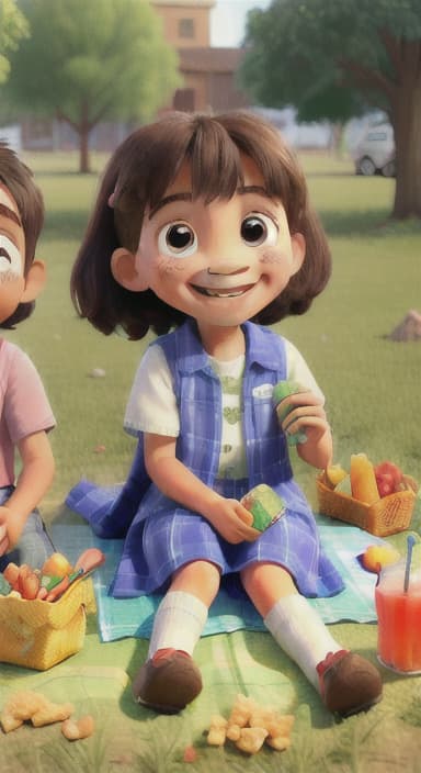  {Kids sitting around a picnic blanket, enjoying juice boxes and snacks., Children happily eating snacks, with crumbs on their faces and big smiles.