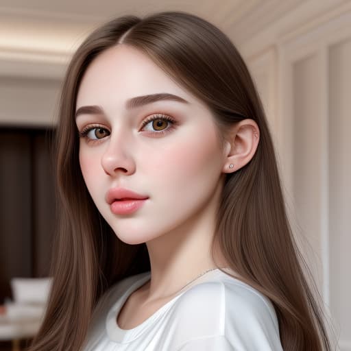  Pretty, gorgeous, white female influencer, young adult, long dark brown natural hair, plump, big natural lips, oval face, sharp jawline, charming and inviting appearance, cute nose, sweet, caring, kind personality, human, life like, hyper realistic, 8K, ultra HD