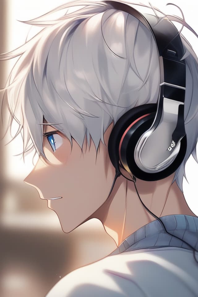  Illustration style, (upper face) (handsome) (handsome) Listening to Music with Headphones, Best, Texture, Contrast, MALE, SUPER HANDSOME, OPLY ER BODY, SHORT CUT, (Silver Hair Blue Eyes), 8k, 16k, Wearing T Shirt