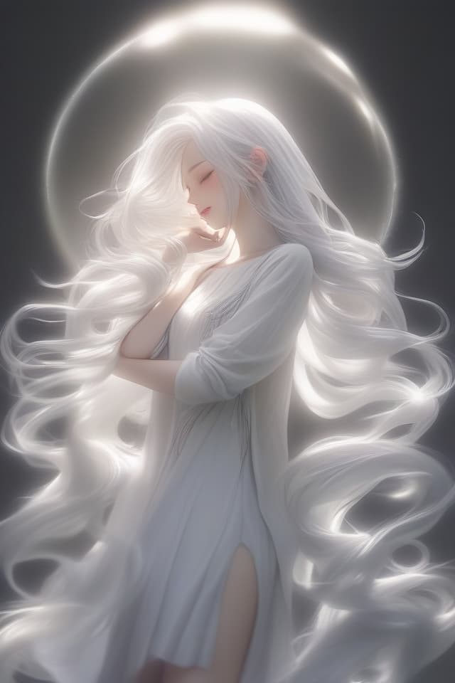  Masterpiece,top quality,full BODY,one beautiful ,delicate silvery white hair color,profile,swaying hair,eyes closed,hands on head,body curled like a fetus,simple white dress,swaying hem,phosphorescent surfaceAccurate anatomy,hold one's with one's hands,faint light surrounding body,(((Floating))),(((fetal position))),marine snow,(((black background))),8K