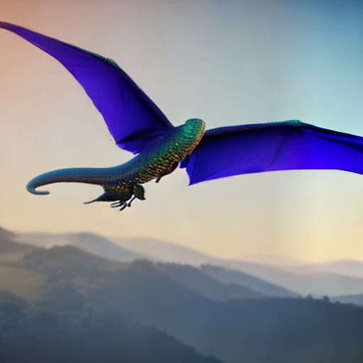 redshift style a blue gragon with gold wings flying atop of oak trees at sunset in the mountain