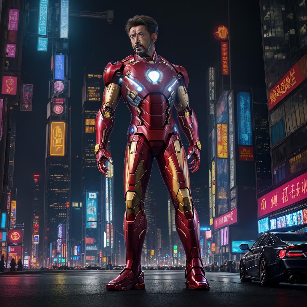  masterpiece, best quality, masterpiece, 8k resolution, realistic, highly detailed, Iron Man close-up. He stands on a street lined with tall buildings in a cyberpunk style city at night. The city's night lights are bright, and the surrounding buildings and streets are full of cyberpunk elements such as neon lights, high-tech equipment and futuristic architectural design.