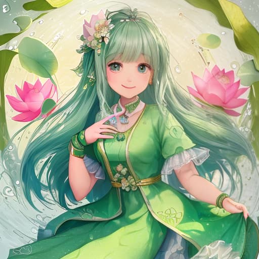  The mascot is a cute fairy with lotus and water ripples. She looks delicate and cute. She wears a beautiful lotus green dress with delicate water ripples. She wears a lotus-shaped hair accessory with sparkling water drops. She has a pair of bright big eyes and a smile, kindness and warmth. The mascot's arms and are rippled, making her look more lively. She holds a lotus flower in her hand, symbolizing happiness and good luck. ，