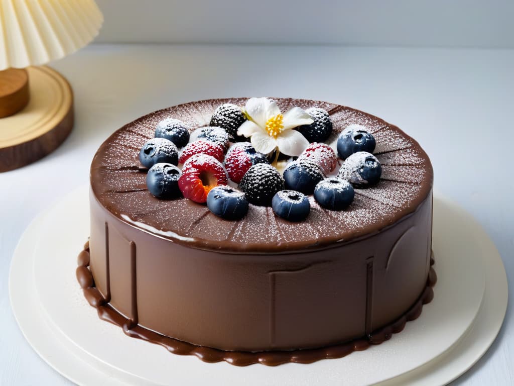  An ultradetailed image of a decadent chocolate cake topped with vibrant fresh berries and edible flowers, elegantly presented on a sleek, minimalist white plate against a softfocus background. The luscious cake layers are visible, showcasing a rich, glossy ganache and delicate crumb texture, while the colorful toppings hint at the incorporation of superfoods like acai berries, goji berries, and chia seeds. The play of light and shadow accentuates the luxurious yet wholesome nature of this gourmet dessert, inviting the viewer to savor the fusion of indulgence and health benefits in modern gourmet pastry. hyperrealistic, full body, detailed clothing, highly detailed, cinematic lighting, stunningly beautiful, intricate, sharp focus, f/1. 8, 85mm, (centered image composition), (professionally color graded), ((bright soft diffused light)), volumetric fog, trending on instagram, trending on tumblr, HDR 4K, 8K