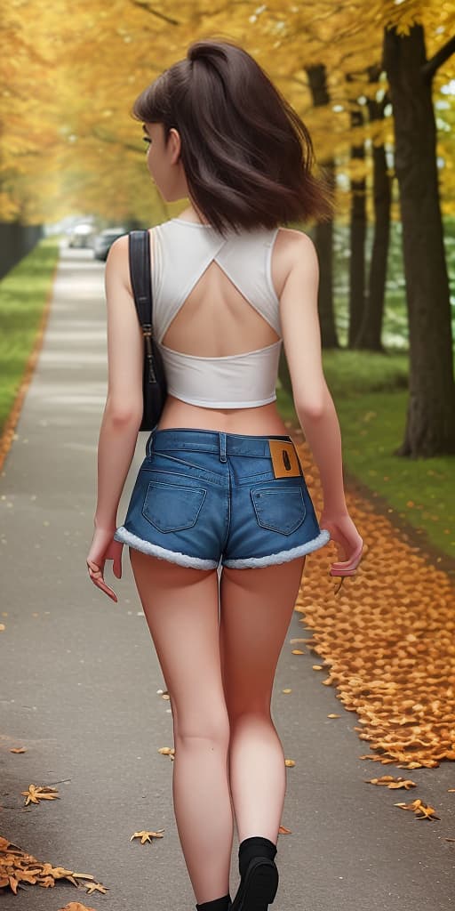  girl-walking, with her back turned, autumn, in short shorts