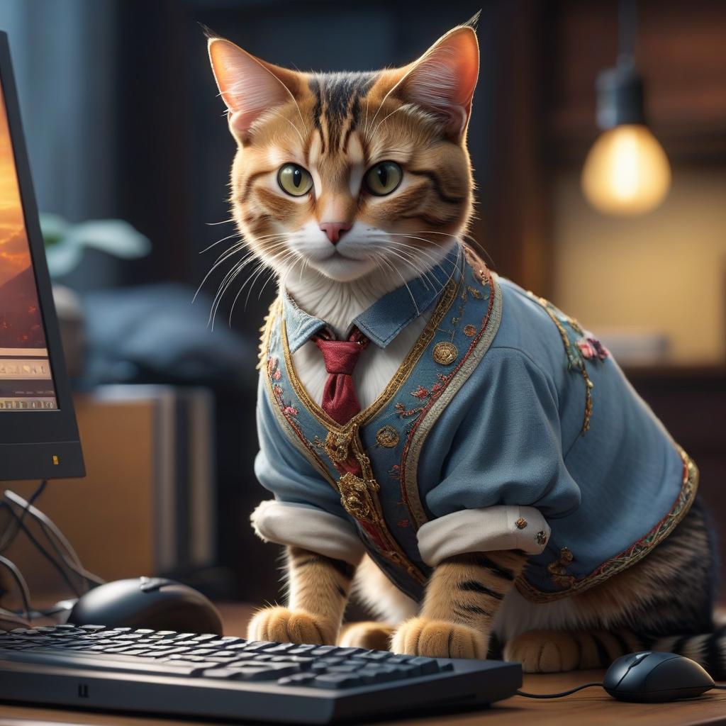  A cat in clothes fixes a computer. hyperrealistic, full body, detailed clothing, highly detailed, cinematic lighting, stunningly beautiful, intricate, sharp focus, f/1. 8, 85mm, (centered image composition), (professionally color graded), ((bright soft diffused light)), volumetric fog, trending on instagram, trending on tumblr, HDR 4K, 8K