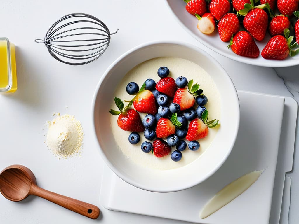  An image of a pristine, white marble countertop with scattered vibrant, fresh ingredients like ripe strawberries, plump blueberries, and aromatic vanilla beans. A sleek, modern mixing bowl filled with glutenfree flour sits in the center, surrounded by elegant kitchen utensils like a wire whisk, a spatula, and measuring cups. Soft natural light filters through a nearby window, casting gentle shadows that add depth and texture to the scene. hyperrealistic, full body, detailed clothing, highly detailed, cinematic lighting, stunningly beautiful, intricate, sharp focus, f/1. 8, 85mm, (centered image composition), (professionally color graded), ((bright soft diffused light)), volumetric fog, trending on instagram, trending on tumblr, HDR 4K, 8K