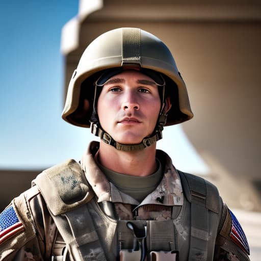 portrait+ style American current soldier with helmet in action