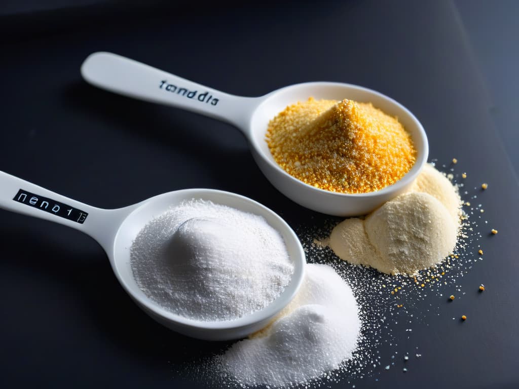  A closeup, ultradetailed image of two pristine white measuring spoons, one filled with fine granules of highquality baking powder, and the other with fluffy, light yeast, set on a sleek, reflective black surface. The soft lighting highlights the textures and contrasts between the two ingredients, emphasizing their importance in baking and inviting the viewer to ponder the choice between them for their culinary creations. hyperrealistic, full body, detailed clothing, highly detailed, cinematic lighting, stunningly beautiful, intricate, sharp focus, f/1. 8, 85mm, (centered image composition), (professionally color graded), ((bright soft diffused light)), volumetric fog, trending on instagram, trending on tumblr, HDR 4K, 8K