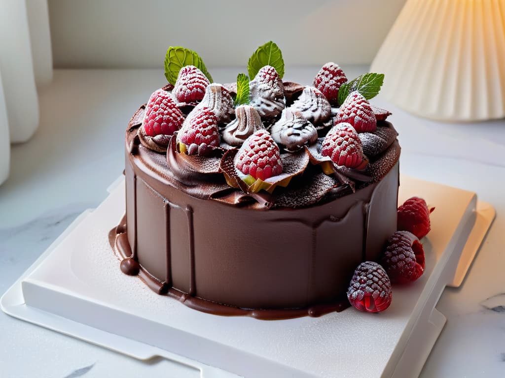  A closeup, ultradetailed image of a perfectly frosted vegan glutenfree chocolate cake adorned with fresh raspberries and mint leaves on a sleek, white marble cake stand. The frosting is smooth and glossy, reflecting the soft ambient lighting in the room, showcasing intricate swirl patterns. The vibrant red raspberries pop against the rich chocolate cake, and the delicate mint leaves add a touch of freshness to the decadent dessert. The textures and colors are so vivid that every detail, from the glossy sheen of the frosting to the tiny seeds on the raspberries, is incredibly sharp and lifelike. hyperrealistic, full body, detailed clothing, highly detailed, cinematic lighting, stunningly beautiful, intricate, sharp focus, f/1. 8, 85mm, (centered image composition), (professionally color graded), ((bright soft diffused light)), volumetric fog, trending on instagram, trending on tumblr, HDR 4K, 8K