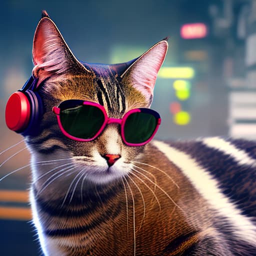 nvinkpunk Realistic image of a cat wearing headphones and reading glasses while riding a bus. hyperrealistic, full body, detailed clothing, highly detailed, cinematic lighting, stunningly beautiful, intricate, sharp focus, f/1. 8, 85mm, (centered image composition), (professionally color graded), ((bright soft diffused light)), volumetric fog, trending on instagram, trending on tumblr, HDR 4K, 8K