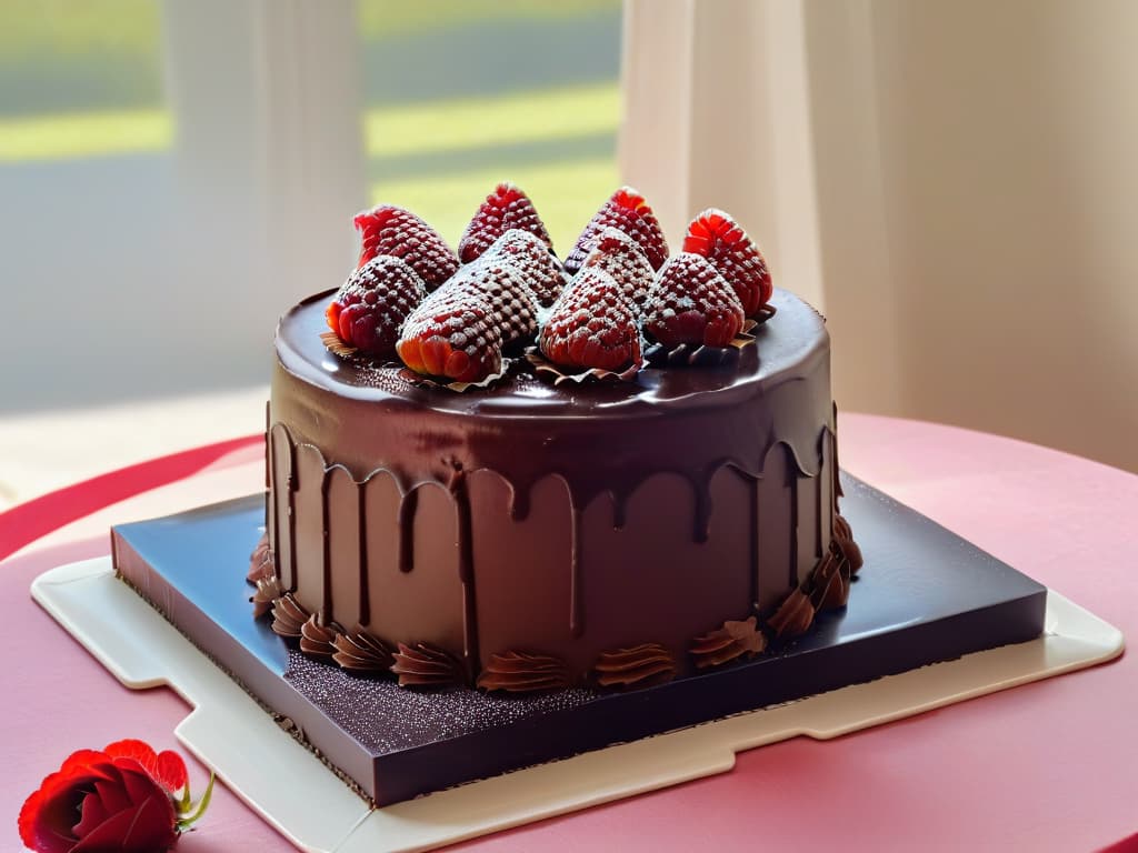  A photorealistic image of a decadent triplelayer vegan chocolate cake topped with glossy chocolate ganache and fresh raspberries, displayed on a modern marble cake stand against a soft, blurred background of a sunlit kitchen. The cake is expertly decorated with intricate chocolate shavings and delicate edible flowers, exuding elegance and sophistication. The rich, deep brown hues of the chocolate contrast beautifully with the vibrant red of the raspberries, creating a visually stunning and appetizing composition. hyperrealistic, full body, detailed clothing, highly detailed, cinematic lighting, stunningly beautiful, intricate, sharp focus, f/1. 8, 85mm, (centered image composition), (professionally color graded), ((bright soft diffused light)), volumetric fog, trending on instagram, trending on tumblr, HDR 4K, 8K