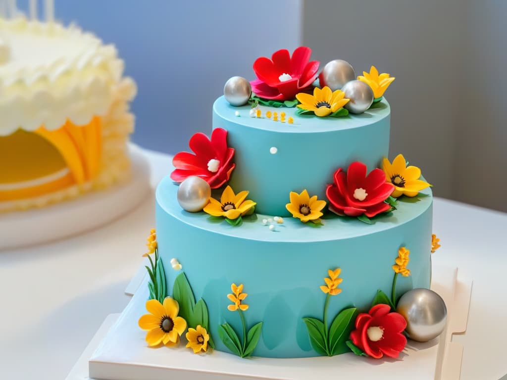  A minimalistic image of a beautifully decorated thematic cake display in a bakery, featuring intricate designs of flowers, animals, and various shapes in vibrant colors, showcasing the artistry and creativity of thematic pastry products. hyperrealistic, full body, detailed clothing, highly detailed, cinematic lighting, stunningly beautiful, intricate, sharp focus, f/1. 8, 85mm, (centered image composition), (professionally color graded), ((bright soft diffused light)), volumetric fog, trending on instagram, trending on tumblr, HDR 4K, 8K