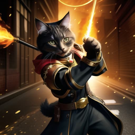  an anthropomorphic cat wearing black linen is depicted in an action pose, swirling fire with an arrow symbol in cat hand, floating above a street in a dark city alleyway, swirling magic effects and swirling energy waves surround cat, with a golden glow on cat face and body, looking at the camera, hyper detailed, movie still, ultrawide, ultra detailed, hyper focus, unreal engine, masterpiece, high rez, high quality, , (masterpiece, best quality:1.5), HDR 4K, 8K