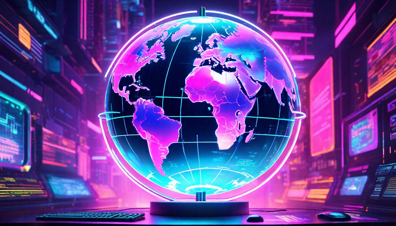  vaporwave,cyberpunk game style A transparent globe showing different layers and energies of the Earth, transcending ordinary perception. Global connection, hidden layers, energetic depths.eon, dystopian, futuristic, digital, vibrant, detailed, high contrast, reminiscent of cyberpunk genre video games,retro aesthetic, cyberpunk, vibrant, neon colors, vintage 80s and 90s style, highly detailed