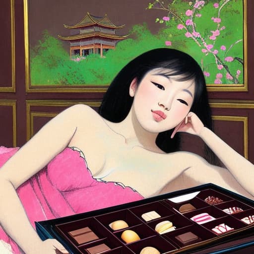  Attractive Beautiful young Asian reclining with moist pink parted lips. Forground is plates of fine dark chocolates. Background is an Asian palace. Painting style of Edgar Degas