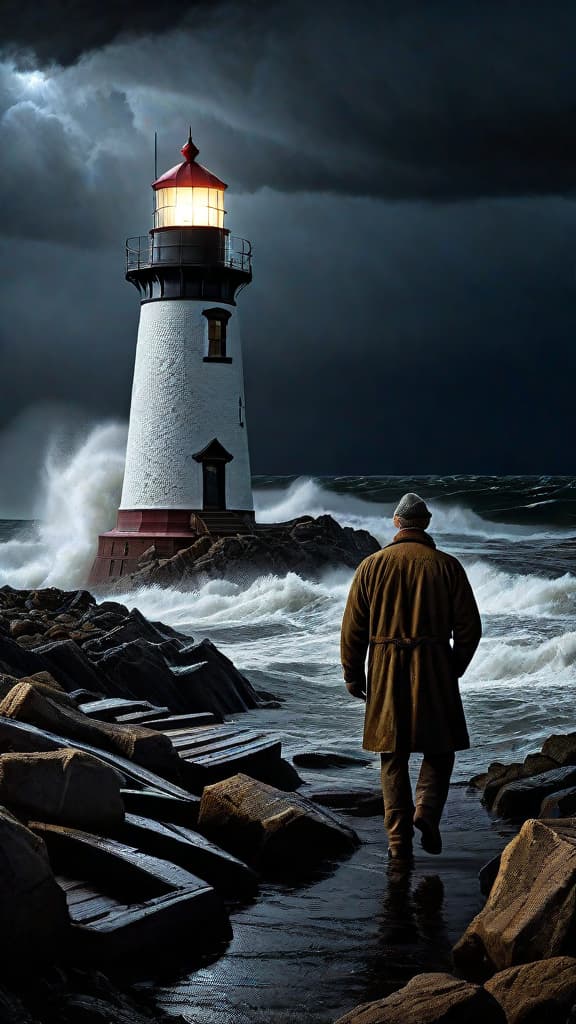  (A stormy night at Merrill Point lighthouse, the old weathered lighthouse keeper Mr. Hawthorn ventures out into the raging storm, following a peculiar pattern in the lighthouse beam's reflection that leads him to a washed up chest covered in ancient runes, set against the turbulent and ominous night sea.) hyperrealistic, full body, detailed clothing, highly detailed, cinematic lighting, stunningly beautiful, intricate, sharp focus, f/1. 8, 85mm, (centered image composition), (professionally color graded), ((bright soft diffused light)), volumetric fog, trending on instagram, trending on tumblr, HDR 4K, 8K