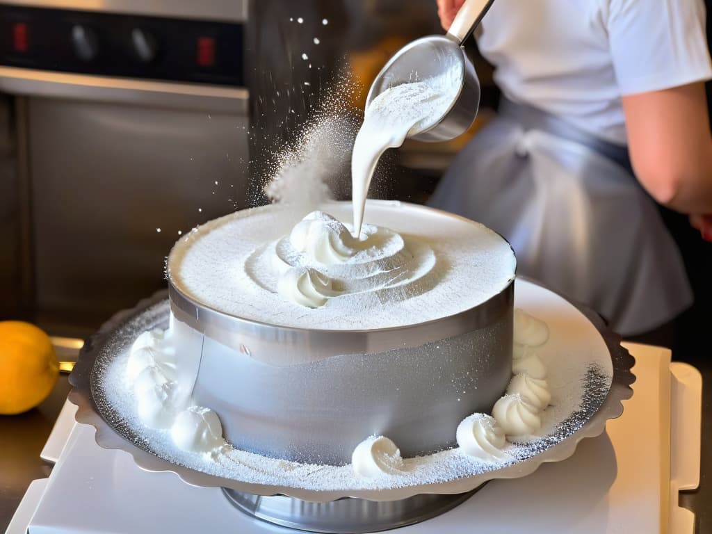  An ultradetailed closeup image of a sleek, modern stainless steel sieve with fine mesh, filled with powdered sugar being sifted gently onto a perfectly baked and beautifully decorated cake. The soft white powder cascades through the mesh, creating a cloudlike effect in the air, with tiny sugar particles suspended midair against a blurred background of a busy bakery kitchen, capturing a moment of precision and artistry in pastrymaking. hyperrealistic, full body, detailed clothing, highly detailed, cinematic lighting, stunningly beautiful, intricate, sharp focus, f/1. 8, 85mm, (centered image composition), (professionally color graded), ((bright soft diffused light)), volumetric fog, trending on instagram, trending on tumblr, HDR 4K, 8K