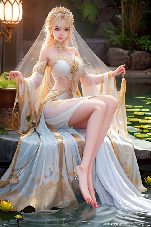  Blonde Fairy Classical beautiful bare feet soak in lotus pond water clear water a lot of wash her fair beautiful feet Her feet very smelly white wedding dress hyperrealistic, full body, detailed clothing, highly detailed, cinematic lighting, stunningly beautiful, intricate, sharp focus, f/1. 8, 85mm, (centered image composition), (professionally color graded), ((bright soft diffused light)), volumetric fog, trending on instagram, trending on tumblr, HDR 4K, 8K