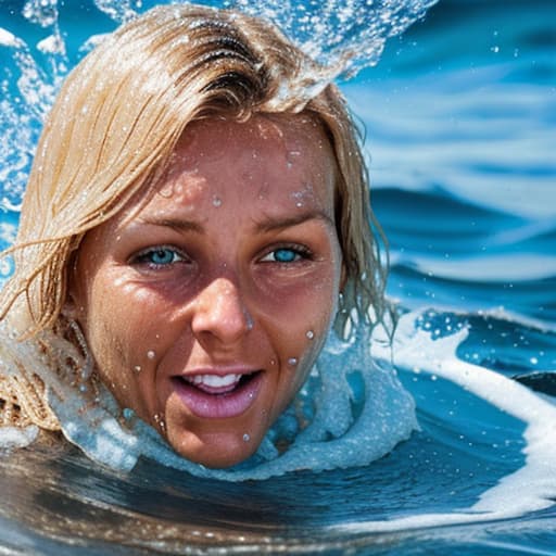  tanned blonde woman's face is in the water she's panic a lot of water waves and splashes around her