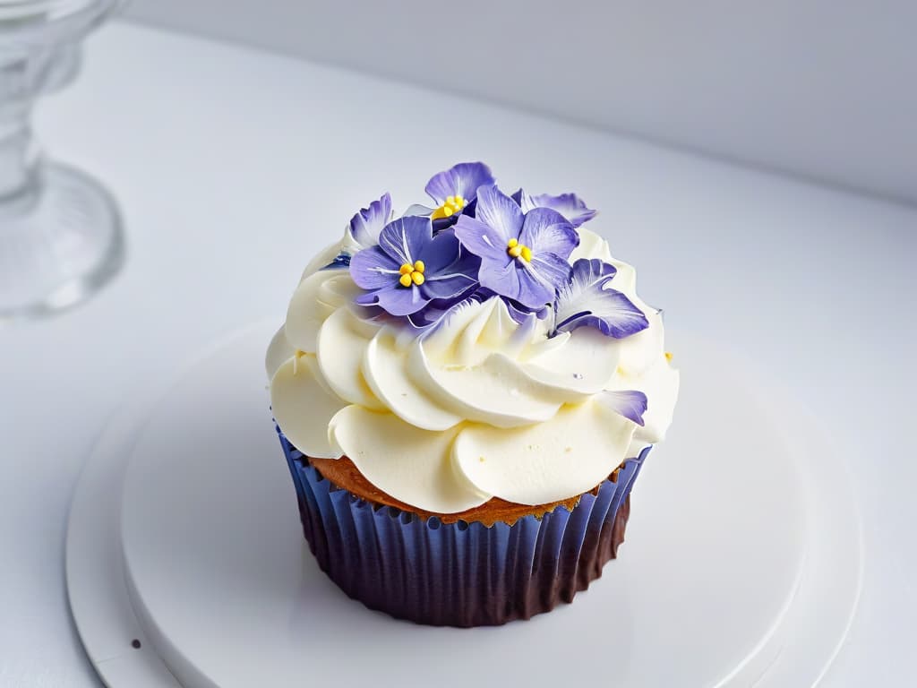  A closeup, highdefinition image of a perfectly frosted cupcake adorned with delicate edible flowers, meticulously piped swirls of frosting, and a sprinkle of glittering sugar crystals, set against a clean, white backdrop. The details of the intricate decorations are crystal clear, showcasing the precise craftsmanship involved in creating this visually stunning and appetizing treat. hyperrealistic, full body, detailed clothing, highly detailed, cinematic lighting, stunningly beautiful, intricate, sharp focus, f/1. 8, 85mm, (centered image composition), (professionally color graded), ((bright soft diffused light)), volumetric fog, trending on instagram, trending on tumblr, HDR 4K, 8K