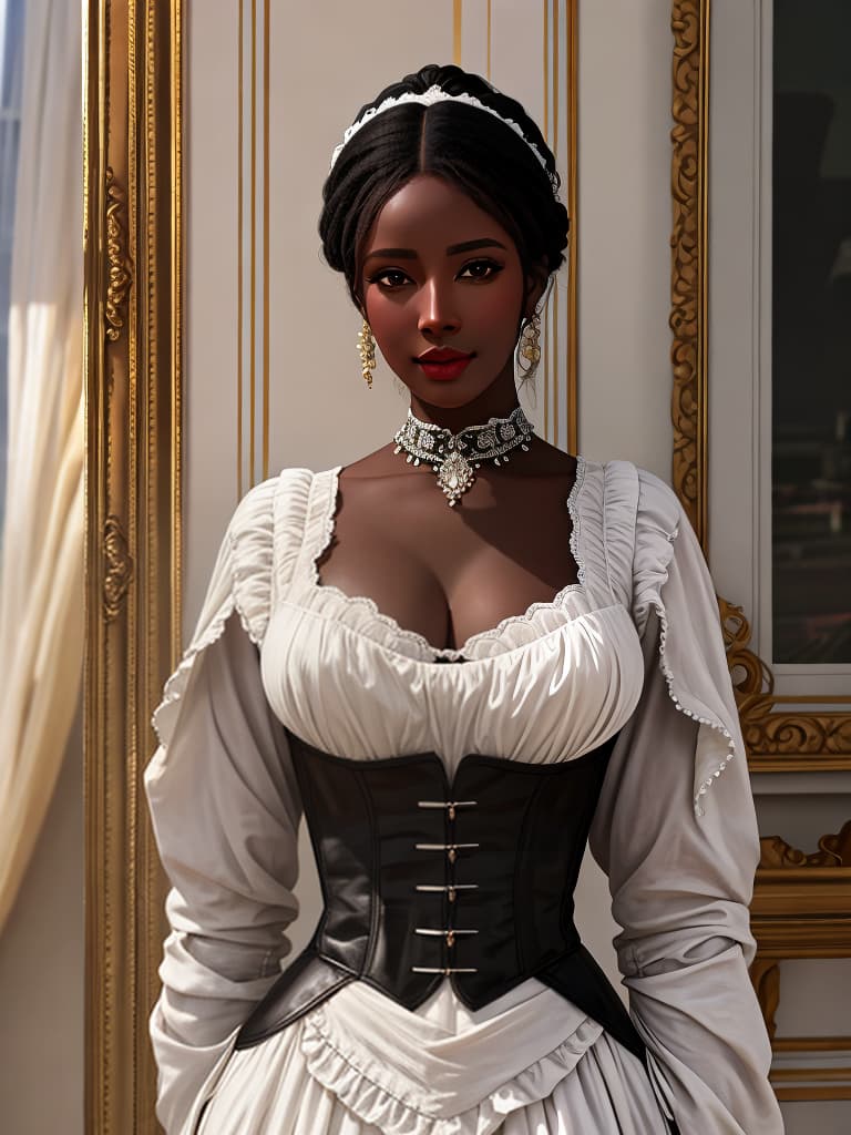  Beautiful French black servant girl from 19th century hyperrealistic, full body, detailed clothing, highly detailed, cinematic lighting, stunningly beautiful, intricate, sharp focus, f/1. 8, 85mm, (centered image composition), (professionally color graded), ((bright soft diffused light)), volumetric fog, trending on instagram, trending on tumblr, HDR 4K, 8K