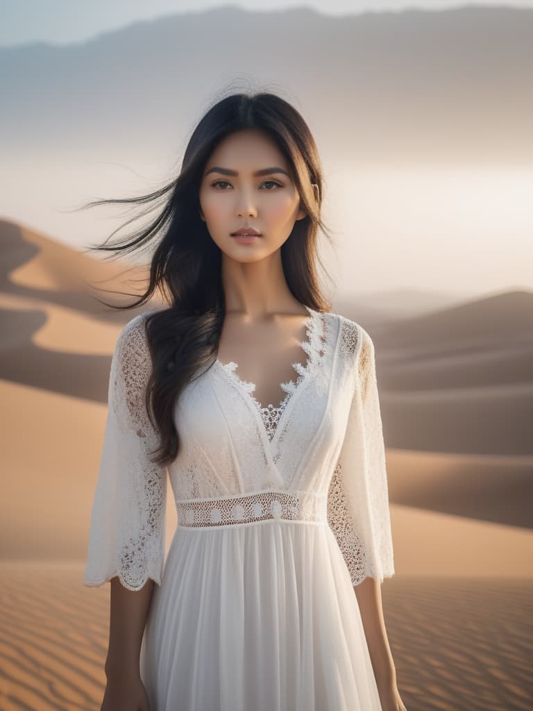  Half body portrait,Young Asian girl in Solid White Color Bohemian Lace Patchwork Casual Maxi Long Dress standing in Desert,black hair, look at to camera, cinematic lighting, stunningly beautiful, intricate, sharp focus, f/1. 8, 85mm, (professionally color graded), ((bright soft diffused light)), volumetric fog, trending on instagram, trending on tumblr, HDR 4K, 8K hyperrealistic, full body, detailed clothing, highly detailed, cinematic lighting, stunningly beautiful, intricate, sharp focus, f/1. 8, 85mm, (centered image composition), (professionally color graded), ((bright soft diffused light)), volumetric fog, trending on instagram, trending on tumblr, HDR 4K, 8K