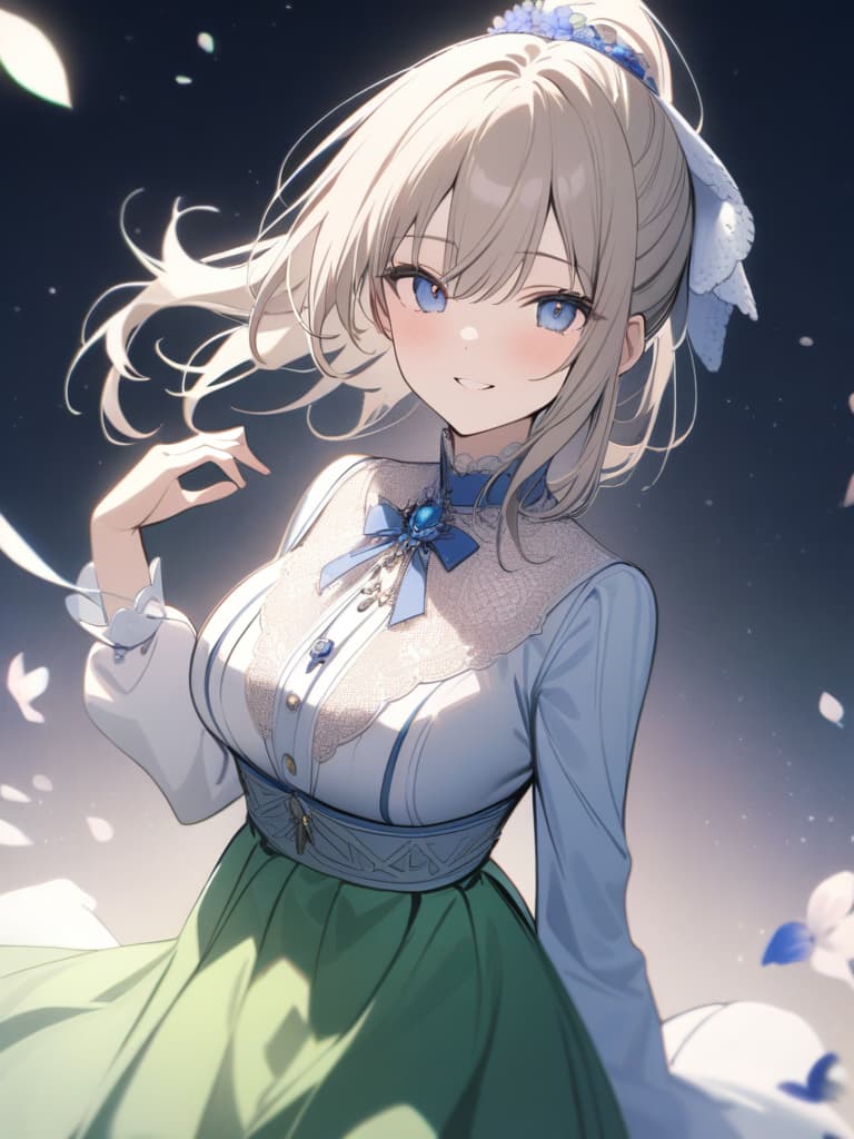  Masterpiece,one delicate lady,flaxen hair color,delicate hair color,shiny hair,ponytail,hair ornament is blueflowers & ribbon,delicate blue eye color,smiling,round collar,lace,long sleeves,light green Skirt,pretty blue brooch,background is flower,green,super high quality,super analysis,8K, masterpiece, best quality,8k,ultra detailed,high resolution,an extremely delicate and beautiful,hyper detail