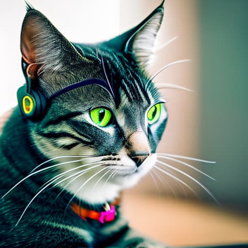 nvinkpunk Realistic image of a cat wearing headphones and reading glasses while riding a bus. hyperrealistic, full body, detailed clothing, highly detailed, cinematic lighting, stunningly beautiful, intricate, sharp focus, f/1. 8, 85mm, (centered image composition), (professionally color graded), ((bright soft diffused light)), volumetric fog, trending on instagram, trending on tumblr, HDR 4K, 8K